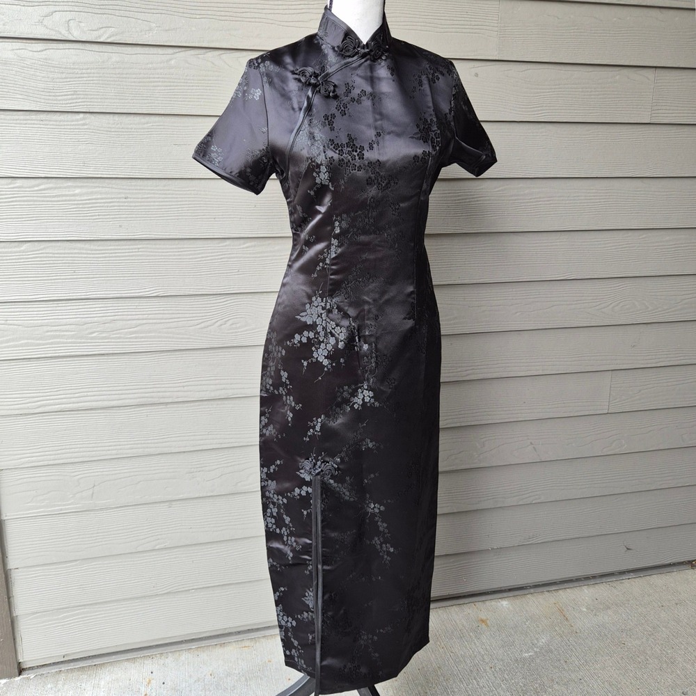 Vintage 90s Laogudai Cheongsam Qipao Black Maxi Dress Women Medium Satin Brocade